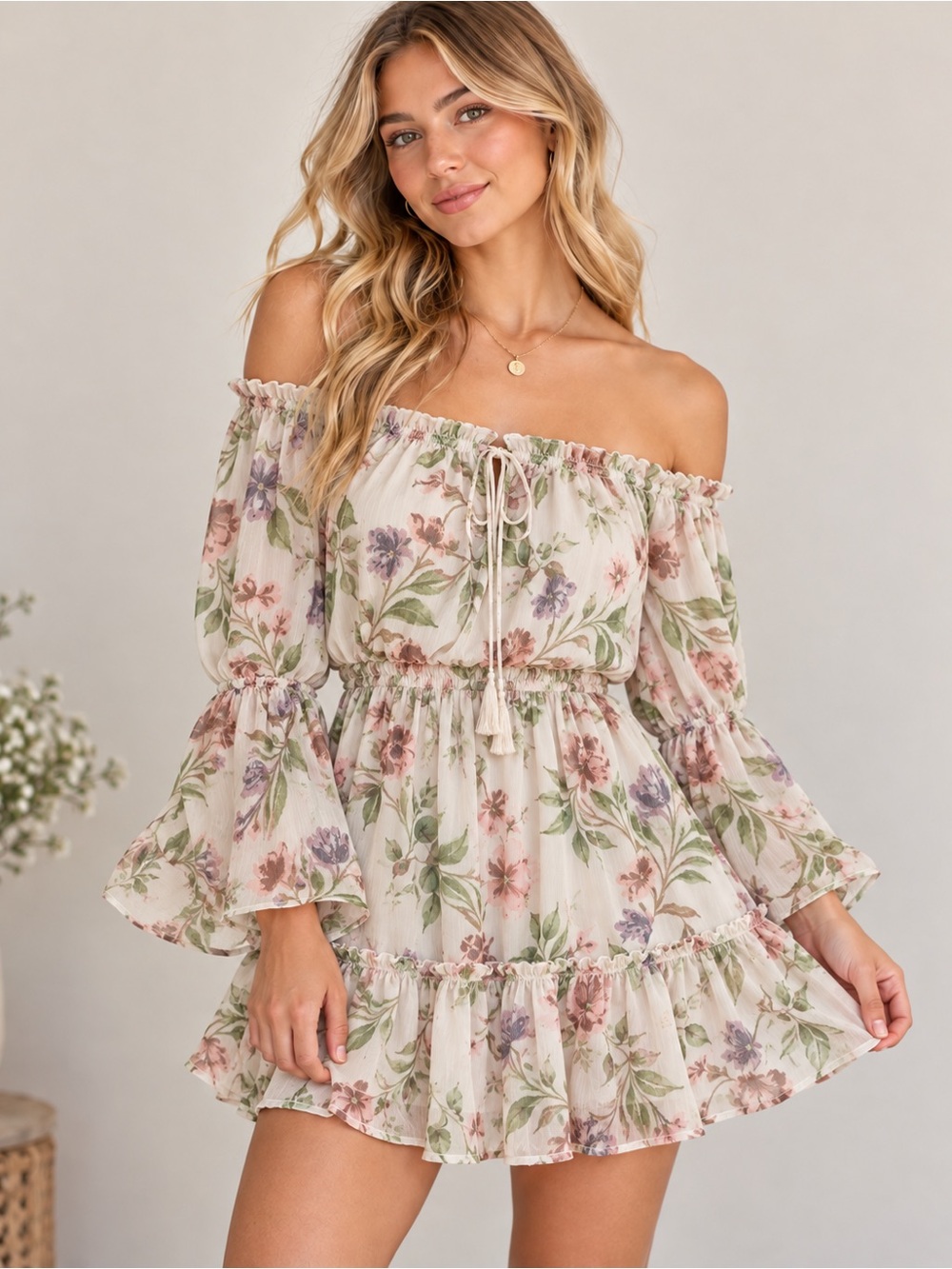 Rue21 Floral Off Shoulder Mini Dress Women M Boho Western Bell Sleeve Fairycore
